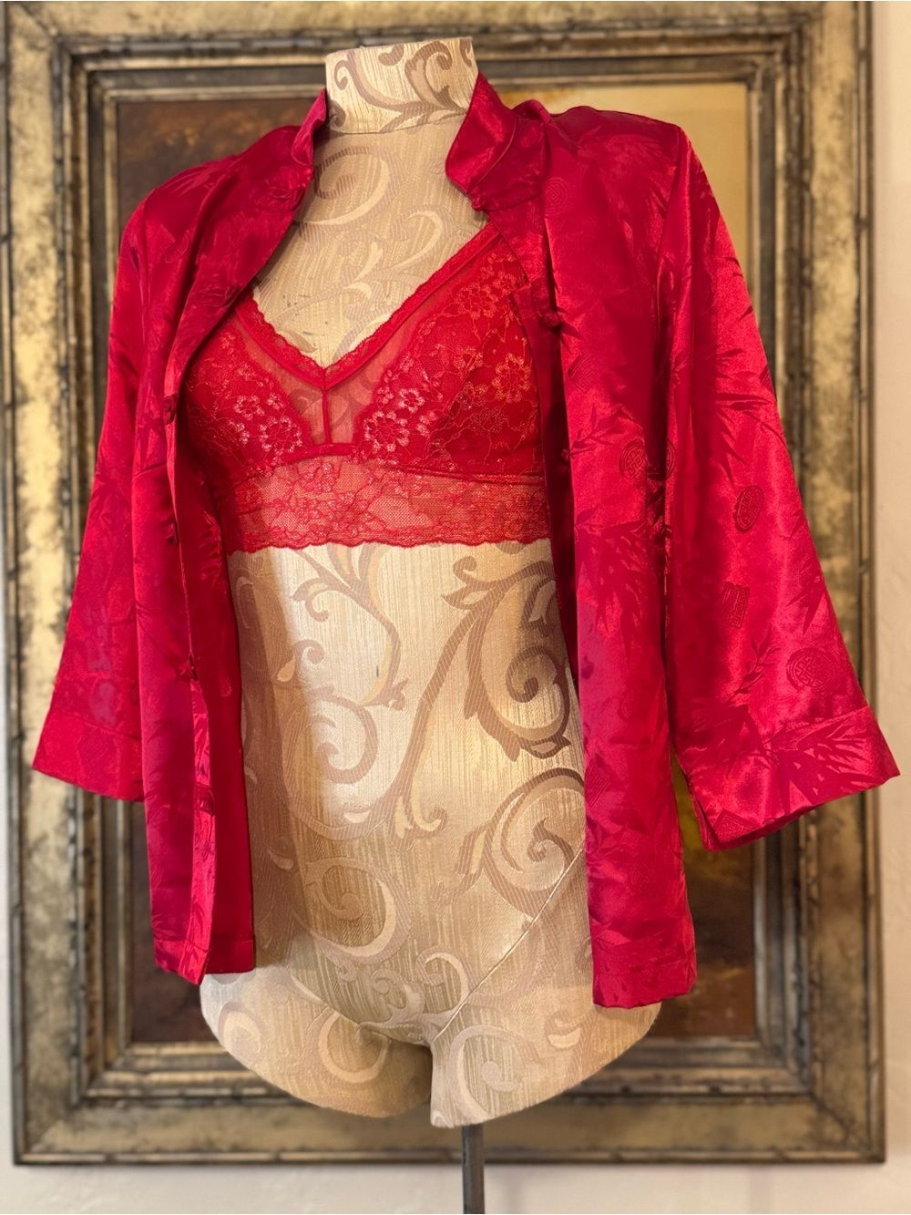 Vintage 90s Notations Red Jacquard Mandarin Collar Top